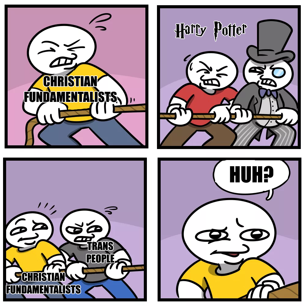 Meme of the unexpected rope pulling contest strip: - on the case top left, a man is pulling a rope to the left, with the legend "Christian fundamentalists" - on the top right, the opposing side, named "Harry Potter" - on the bottom left, the first character is joined by another one, looking angry, and labelled "trans people" - on the bottom right, close up on the Christian Fundemantalist character who looks puzzled and says "Huh?"